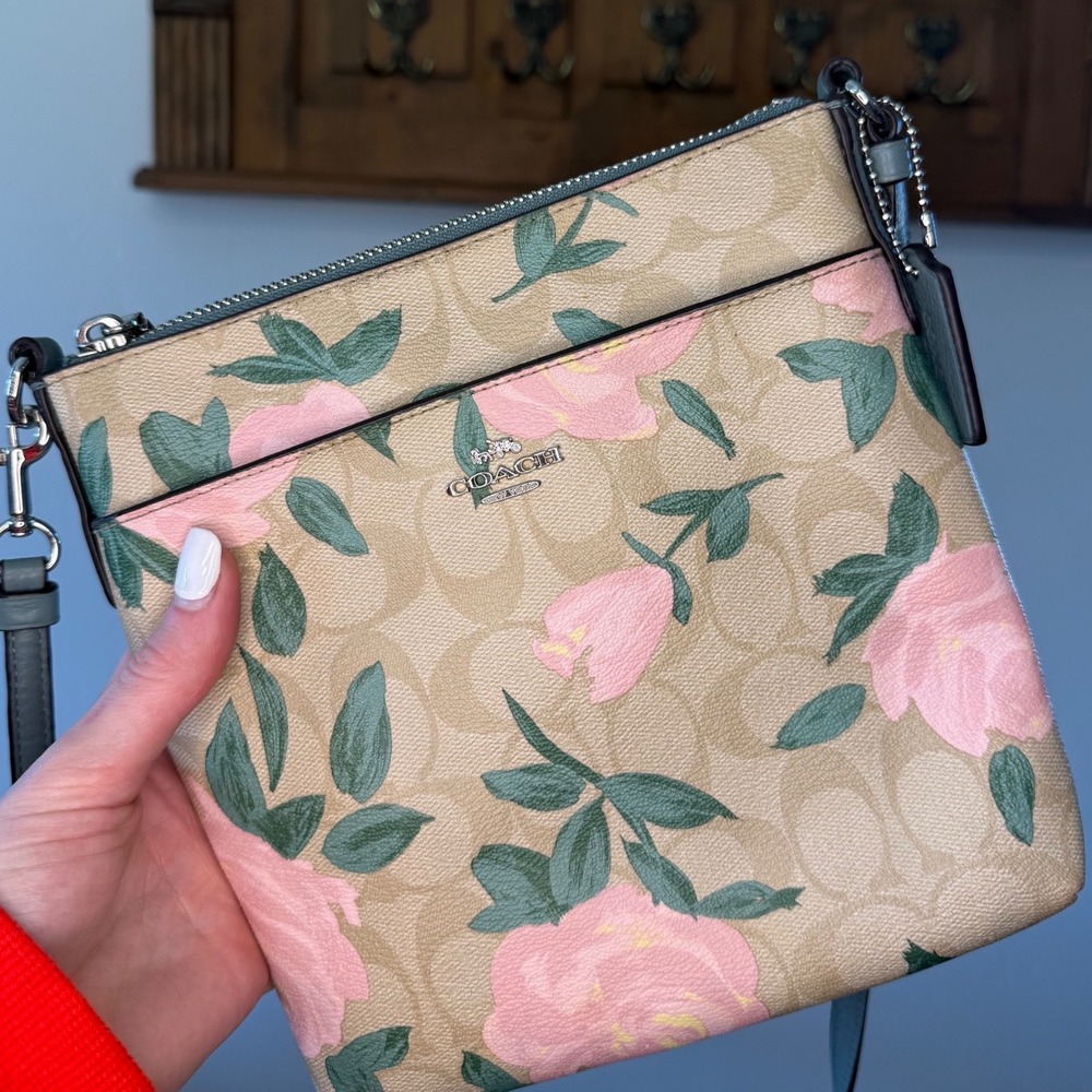 COACH North South Crossbody Signature Canvas Pink Rose Floral Bag